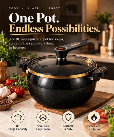 8L/8.45Qt Large Stock Pot, Deep Non-Stick Cooking Pot with Lock Handles and Clear Standable Lid, Stockpot for Soup, Stew & Home Kitchen Cooking