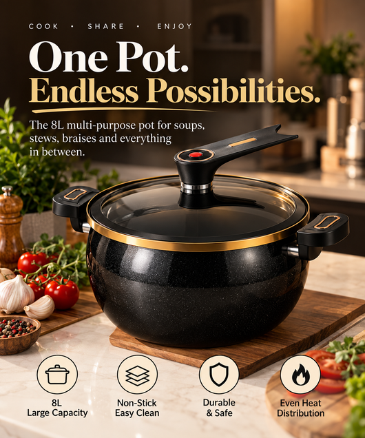 8L/8.45Qt Large Stock Pot, Deep Non-Stick Cooking Pot with Lock Handles and Clear Standable Lid, Stockpot for Soup, Stew & Home Kitchen Cooking