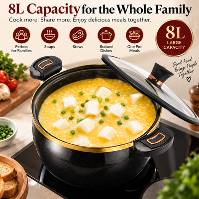8L/8.45Qt Large Stock Pot, Deep Non-Stick Cooking Pot with Lock Handles and Clear Standable Lid, Stockpot for Soup, Stew & Home Kitchen Cooking