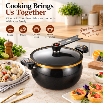 8L/8.45Qt Large Stock Pot, Deep Non-Stick Cooking Pot with Lock Handles and Clear Standable Lid, Stockpot for Soup, Stew & Home Kitchen Cooking